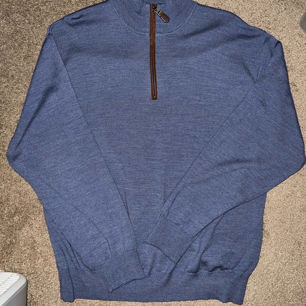 100% Merano Wool Mens ORVIS Sweater 1/4 zip XL pullover Blue